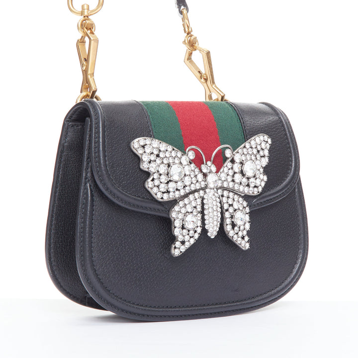 GUCCI Totem black calfskin crystal butterfly logo strap crossbody bag