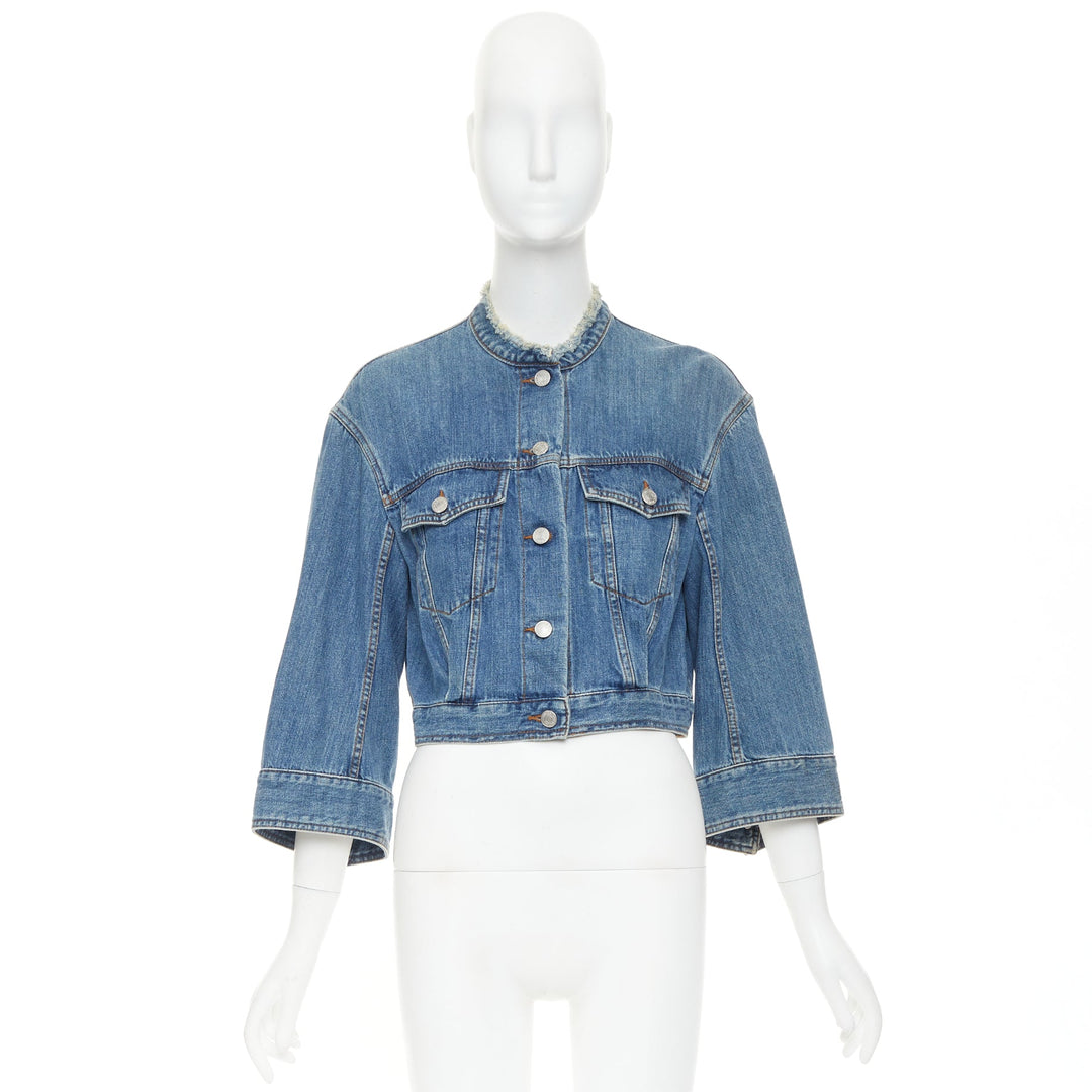DRIES VAN NOTEN 2017 blue washed distressed 3/4 sleeve crop denim jacket FR38 M