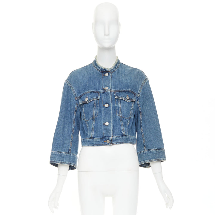 DRIES VAN NOTEN 2017 blue washed distressed 3/4 sleeve crop denim jacket FR38 M