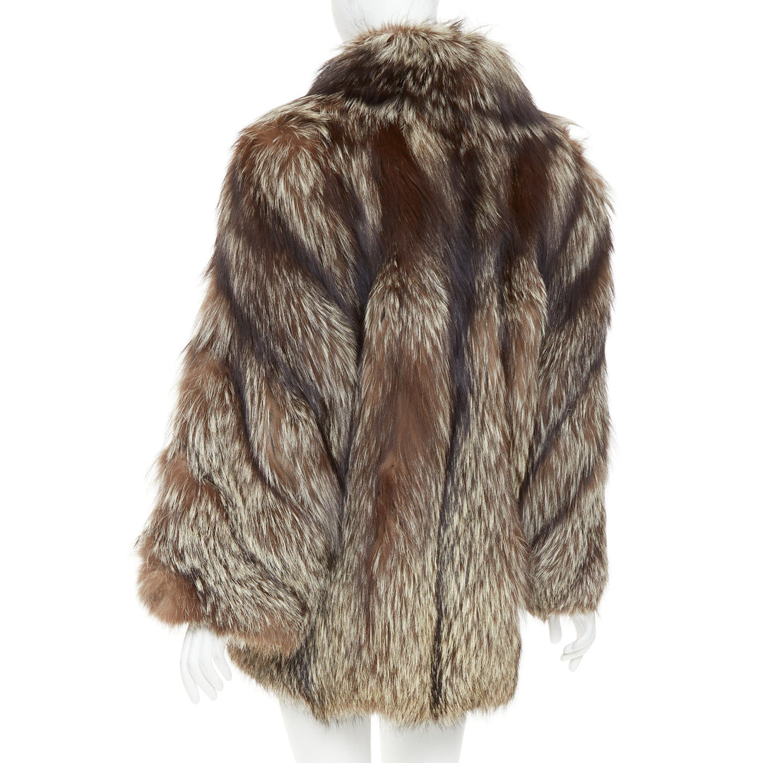 Natural Silver Fox brown oversized boxy shawl collar fur coat  Sz. 12 XL
