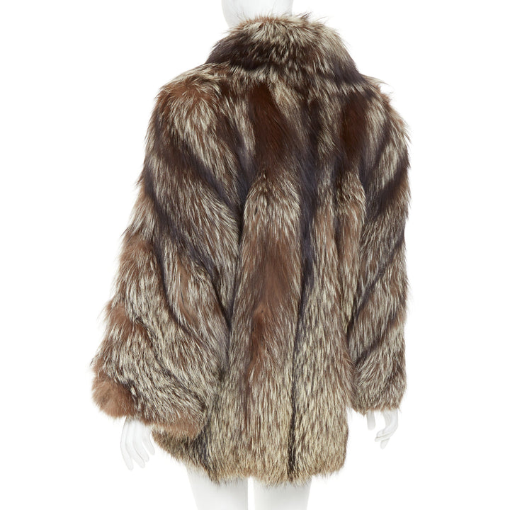 Natural Silver Fox brown oversized boxy shawl collar fur coat  Sz. 12 XL