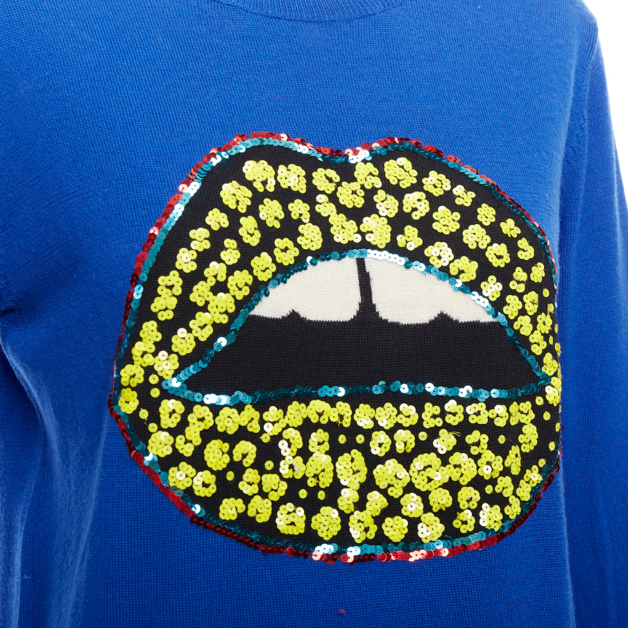 MARKUS LUPFER blue merino wool yellow sequin lip sweater S