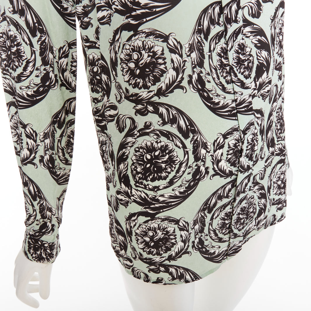 VERSACE 100% silk green black baroque floral print button up shirt IT38 XS