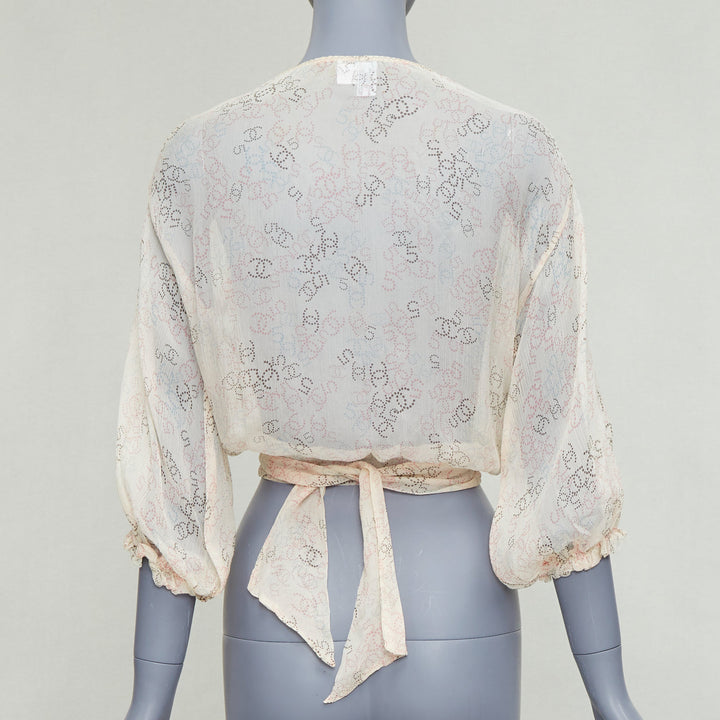 CHANEL 06P cream 100% silk CC dotted print allover wrap blouse FR36 S