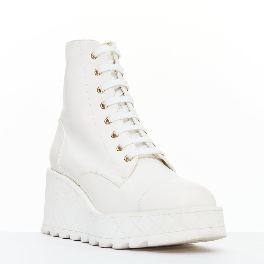 CHANEL 2024 white leather CC logo grid platform lace up wedge boots EU39