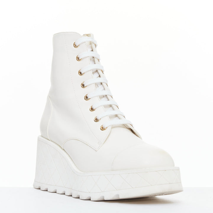 CHANEL 2024 white leather CC logo grid platform lace up wedge boots EU39