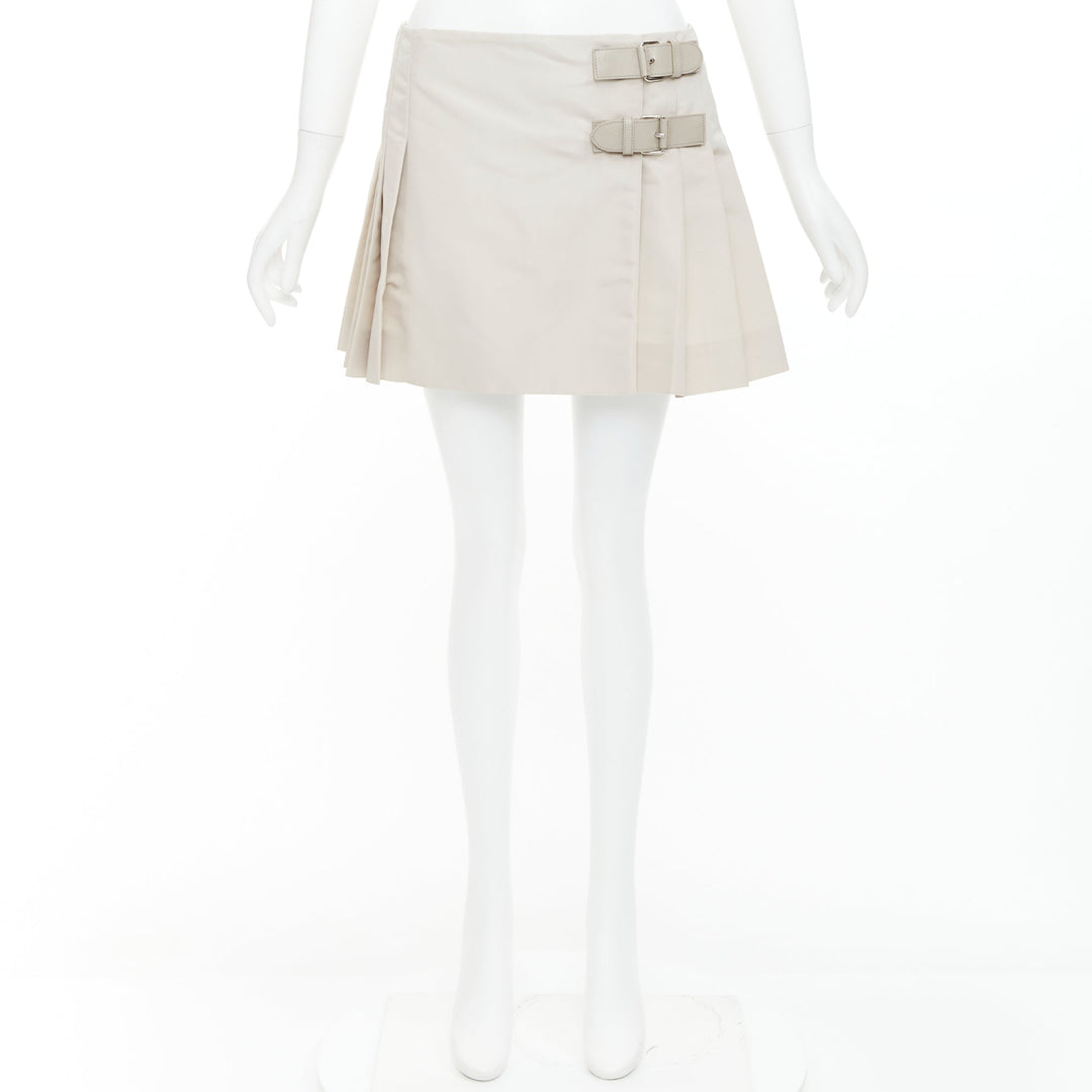 PRADA 2010 Vintage grey silk blend pleated leather buckles mini skirt IT42 M