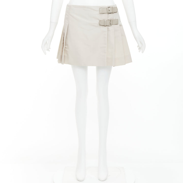 PRADA 2010 Vintage grey silk blend pleated leather buckles mini skirt IT42 M
