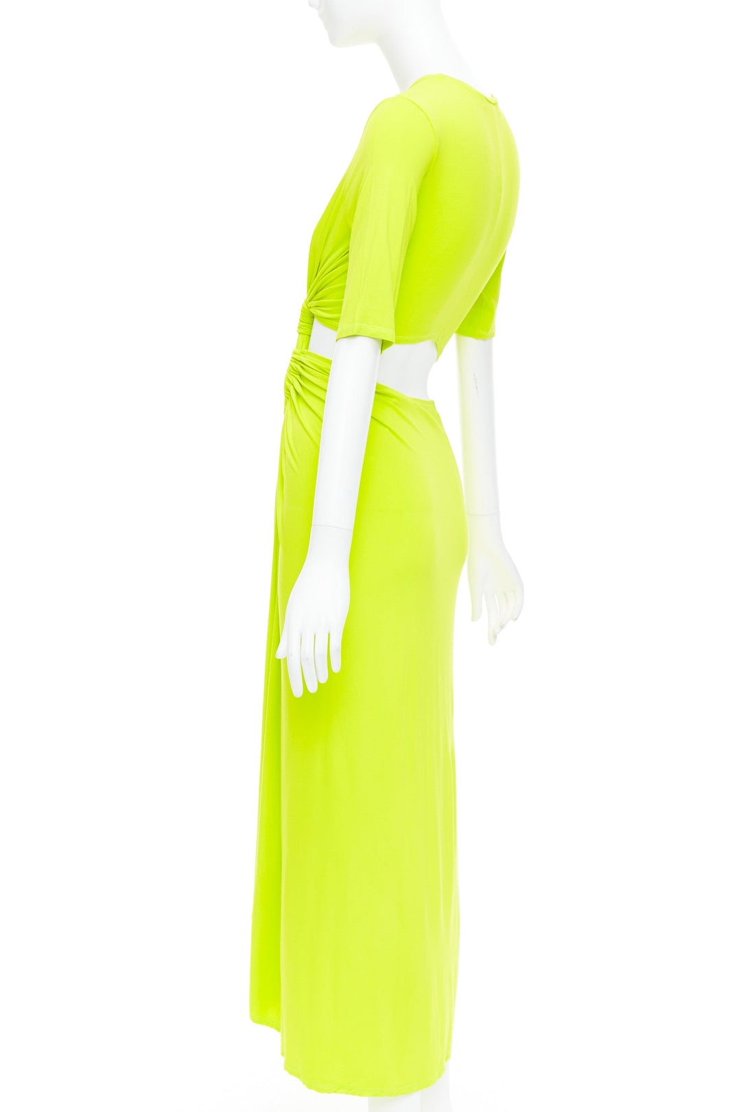 SID NEIGUM neon yellow stretch satin twist cut out draped dress XS