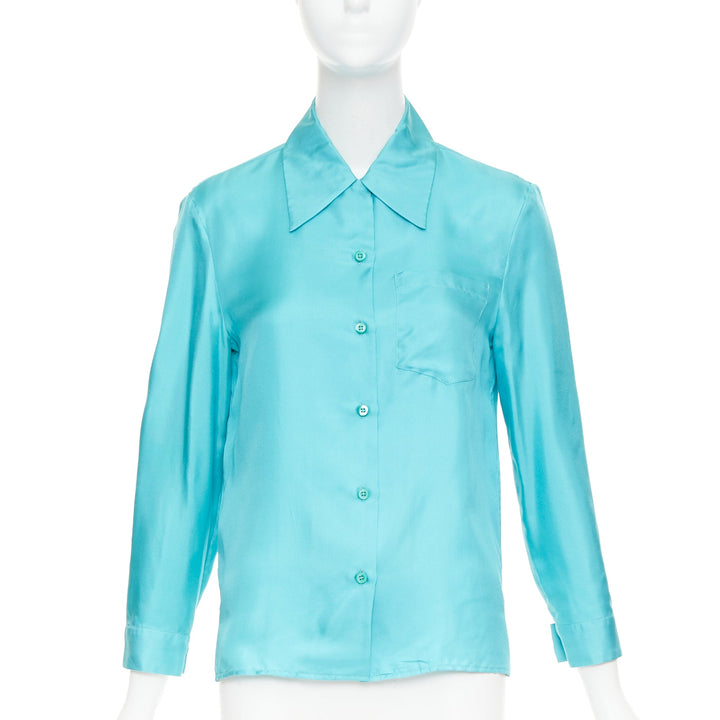 PRADA 2015 100% silk turquoise blue wide collar pocketed button-up shirt IT38 XS