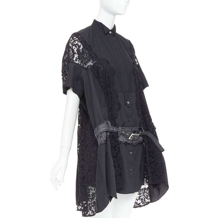 SACAI 2017 black lace trim panelled belt flared lined shirt dress JP1 S