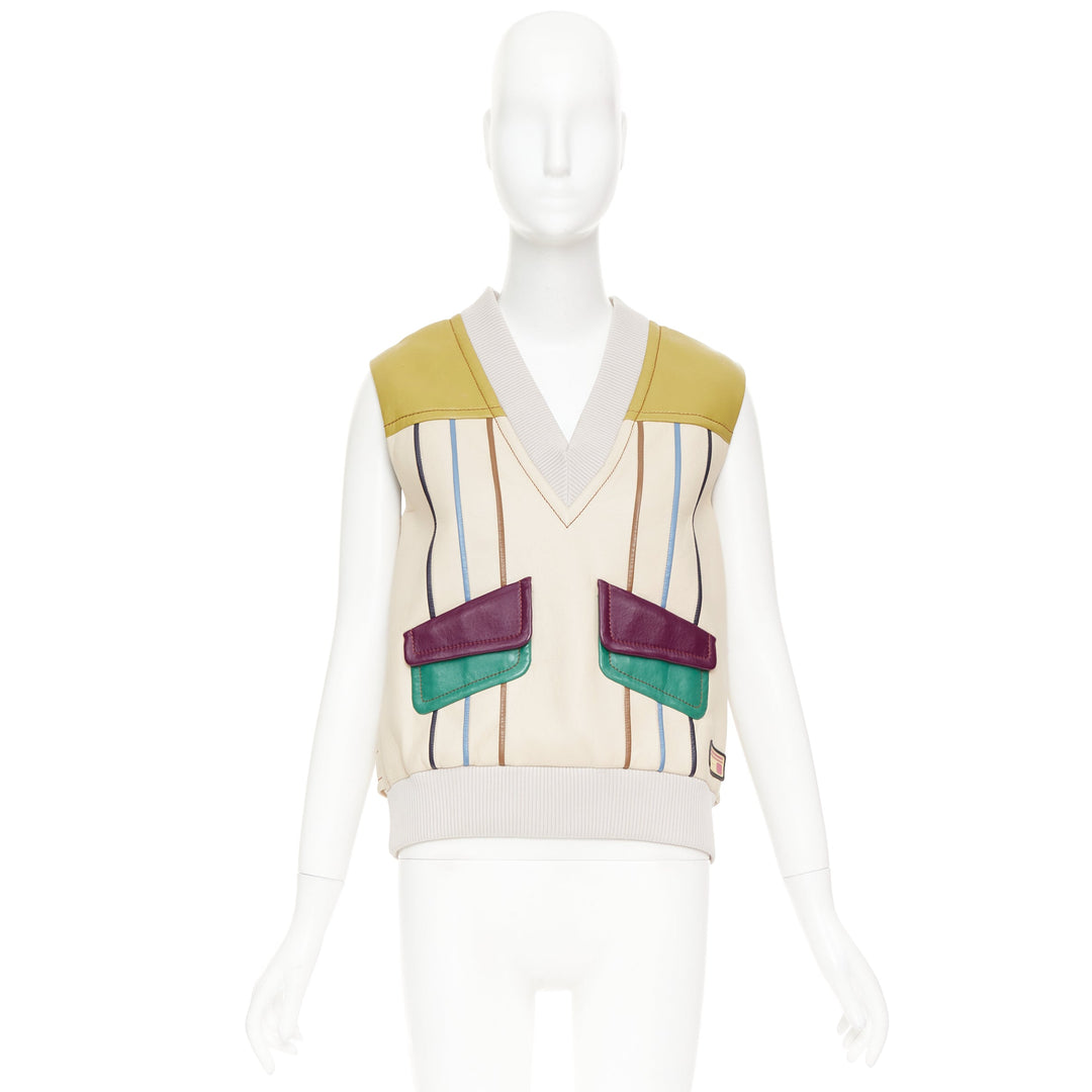 PRADA 2017 Runway leather beige colorblocked geometric sweater vest IT36 XXS