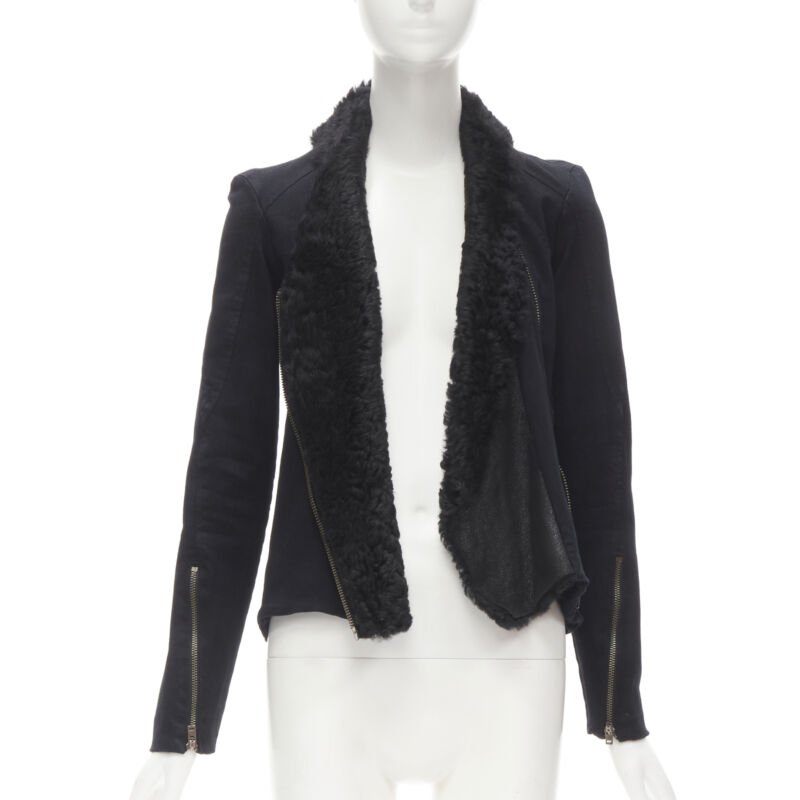 HELMUT LANG black faux fur collar washed cotton biker jacket XS