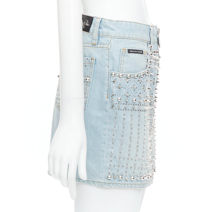 PHILLIP PLEIN New Skirt blue cotton stud crystal front zip skirt 25"