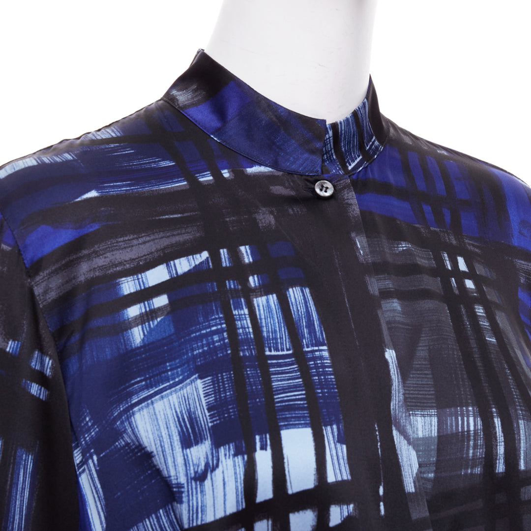 MARINA RINALDI 100% silk blue black brush print belted shirt dress Sz.15 M