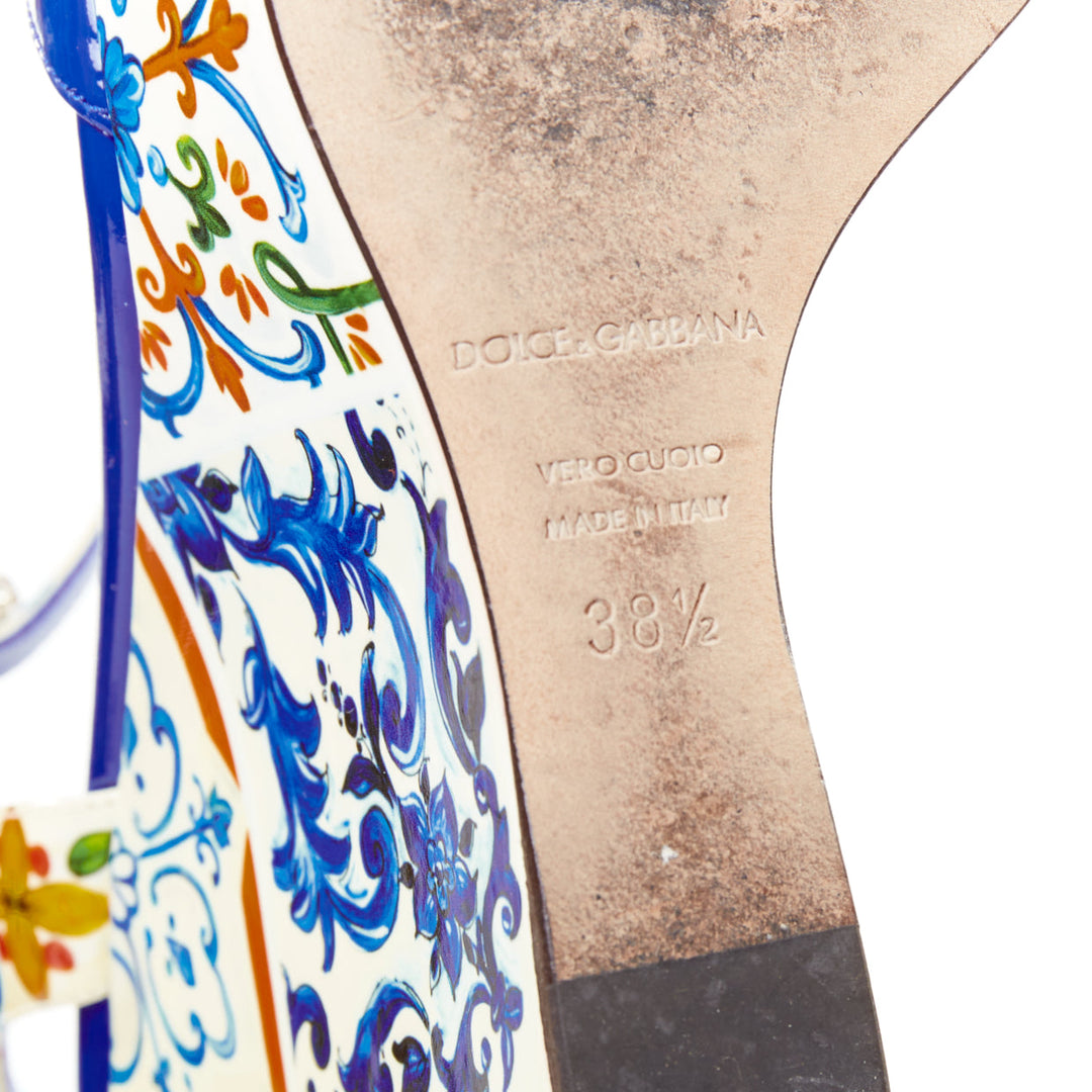 DOLCE GABBANA Bianca blue Majolica print floral embellish platform wedges EU38.5
