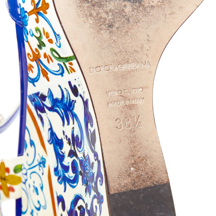 DOLCE GABBANA Bianca blue Majolica print floral embellish platform wedges EU38.5