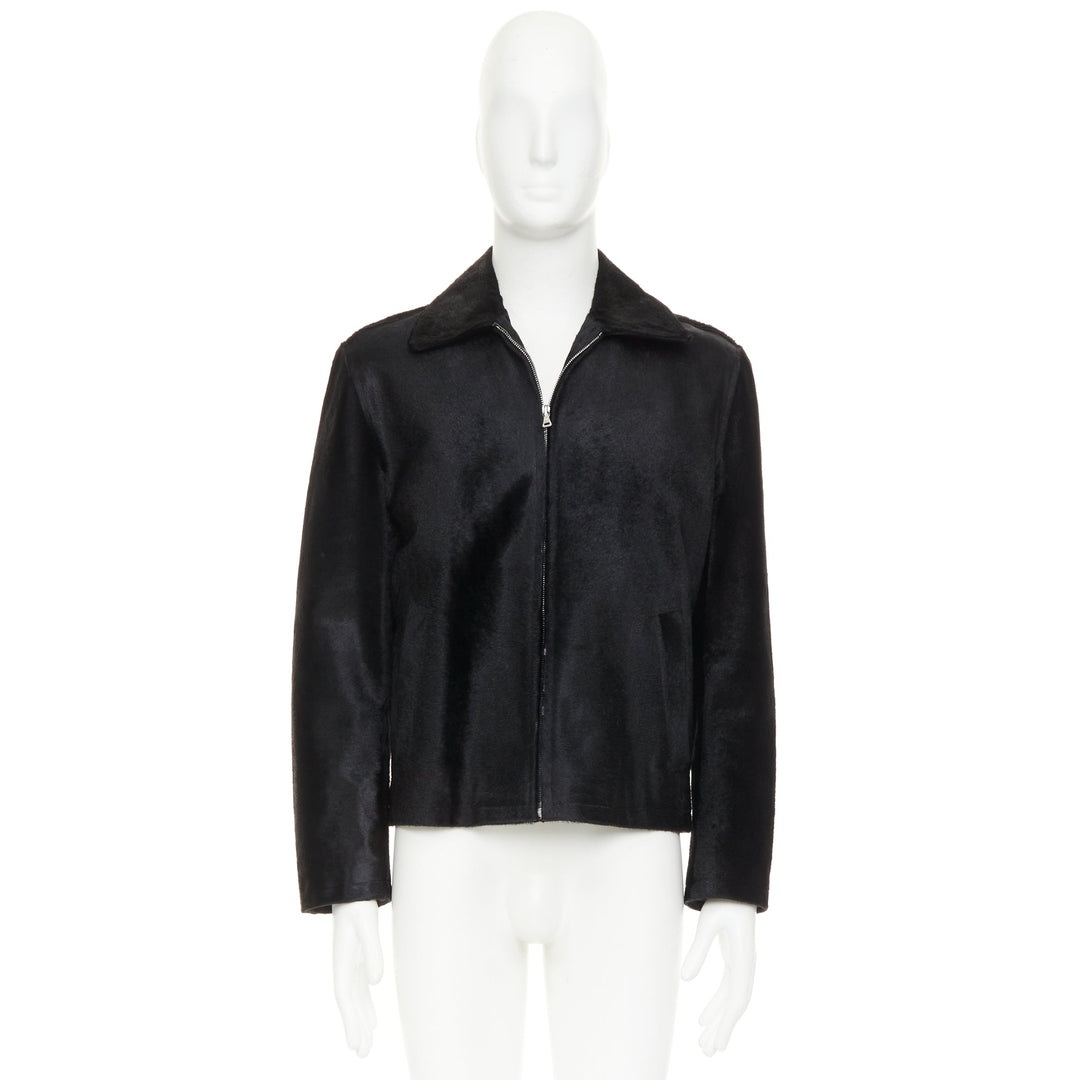 PRADA 1990s Vintage black horsehair leather pocketed boxy minimal jacket IT48 M