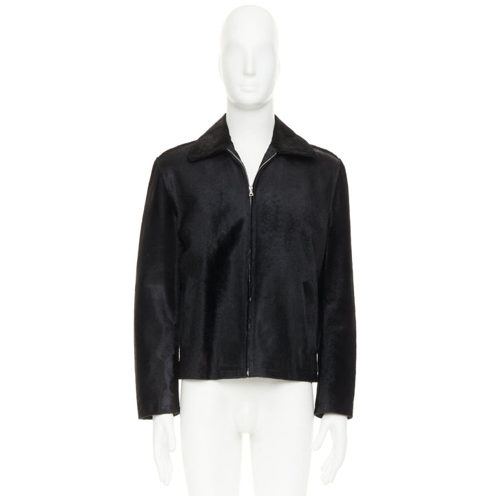PRADA 1990s Vintage black horsehair leather pocketed boxy minimal jacket IT48 M
