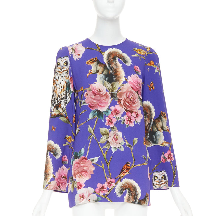 DOLCE GABBANA purple pink squirrel floral print cropped sleeve tunic top IT38 XS