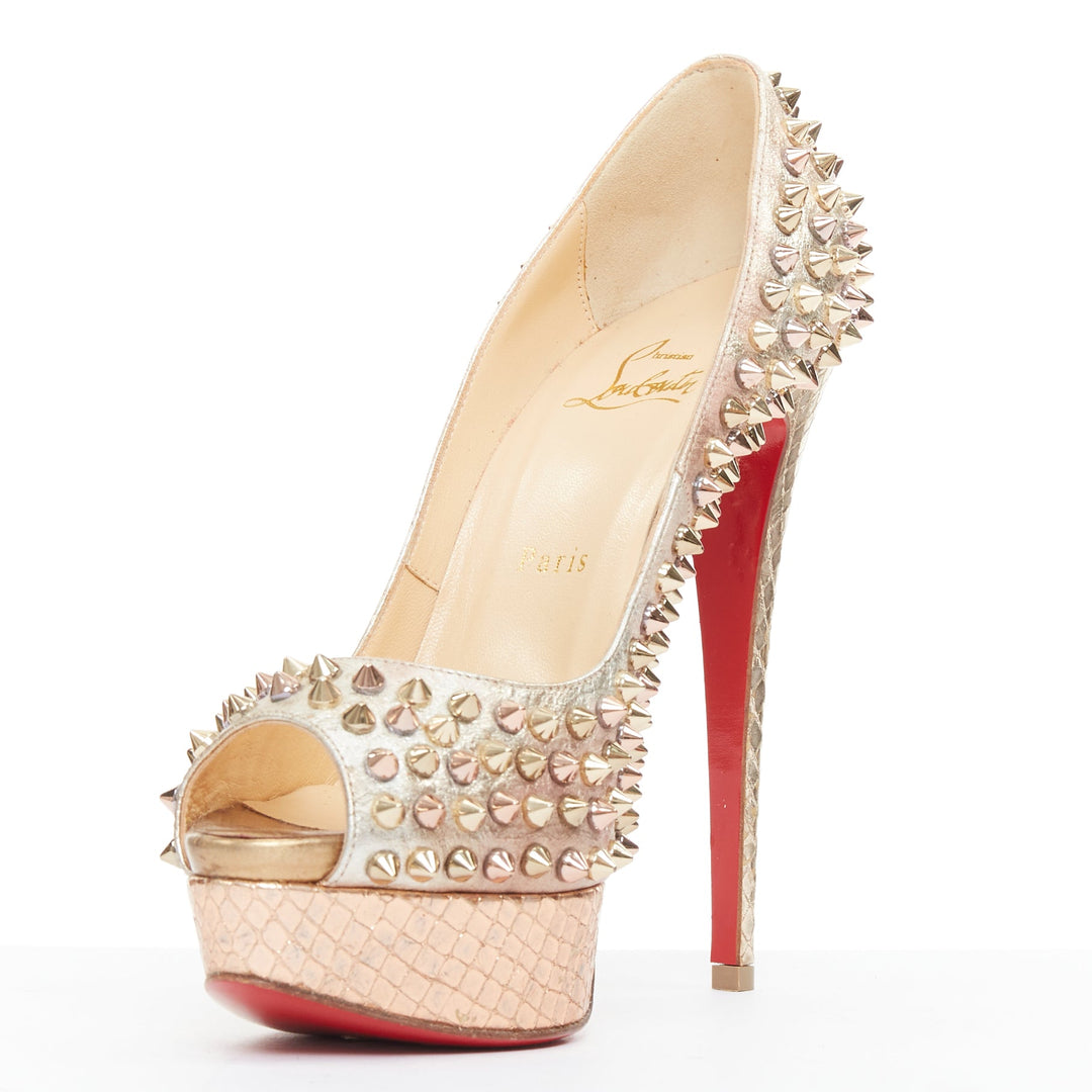CHRISTIAN LOUBOUTIN Lady Peep 150 metallic gold studded platform peep pump EU38