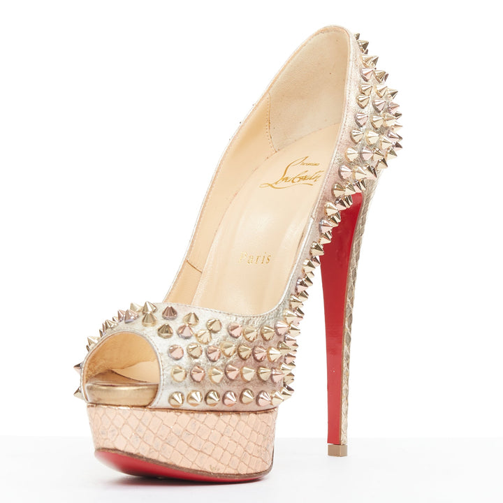 CHRISTIAN LOUBOUTIN Lady Peep 150 metallic gold studded platform peep pump EU38