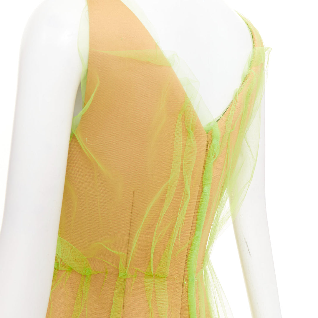 PRADA 2018 Runway neon green Technical Tulle Overlay V-Neck Bubble Dress IT42 M