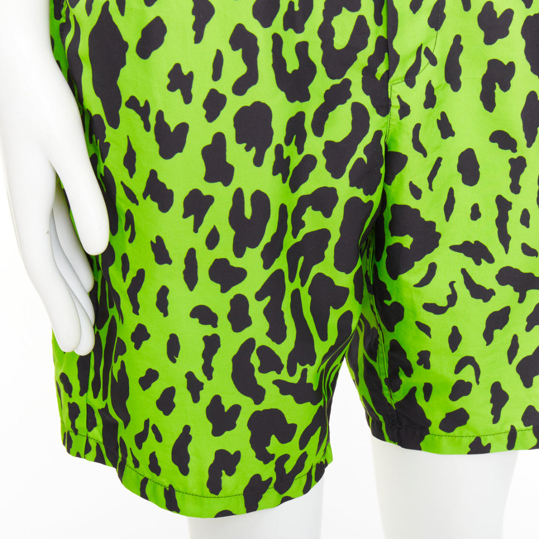 VERSACE neon green black leopard print black logo waistband swim trunks Sz4