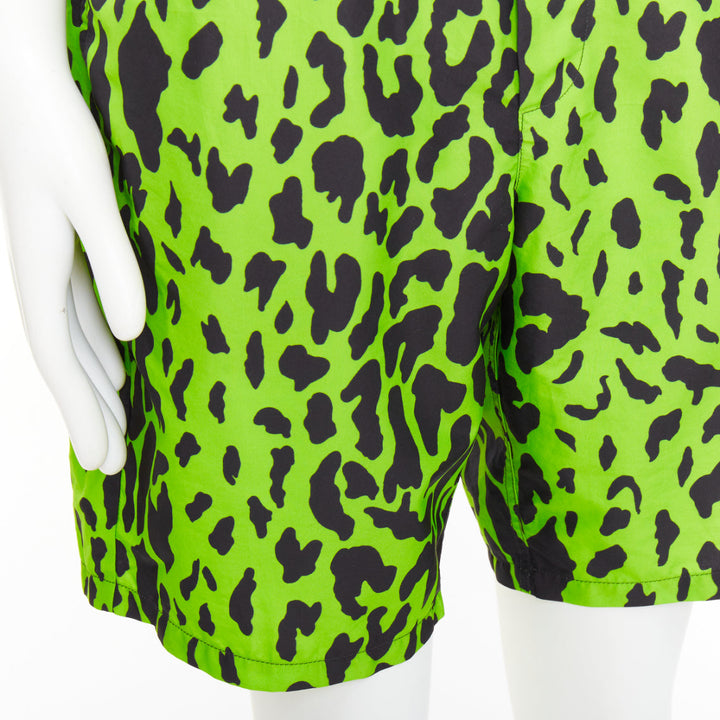 VERSACE neon green black leopard print black logo waistband swim trunks Sz4