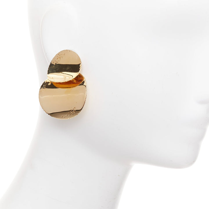 rare OLD CELINE Phoebe Philo mirrored gold tone hammer petal pin earrings Pair