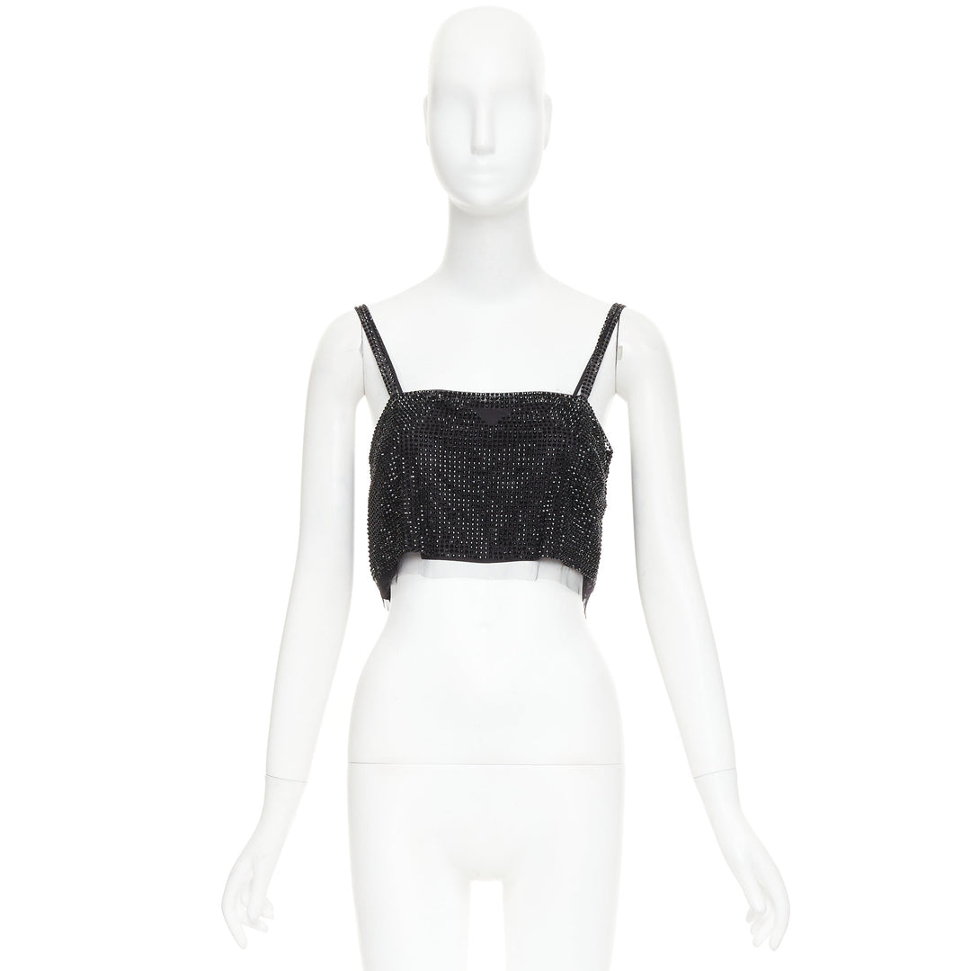 PRADA 2021 black crystal rhinestone mesh space spaghetti strap crop top IT38 XS