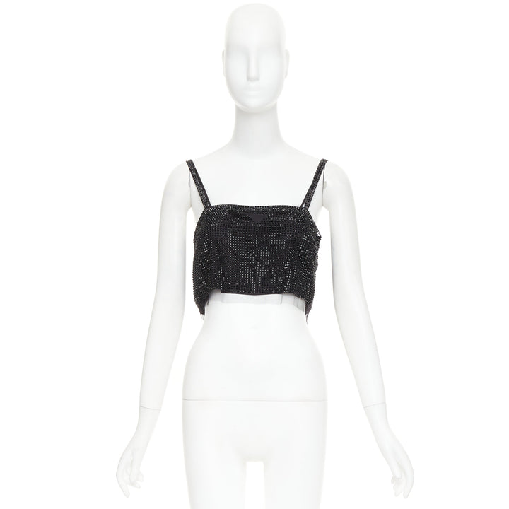 PRADA 2021 black crystal rhinestone mesh space spaghetti strap crop top IT38 XS