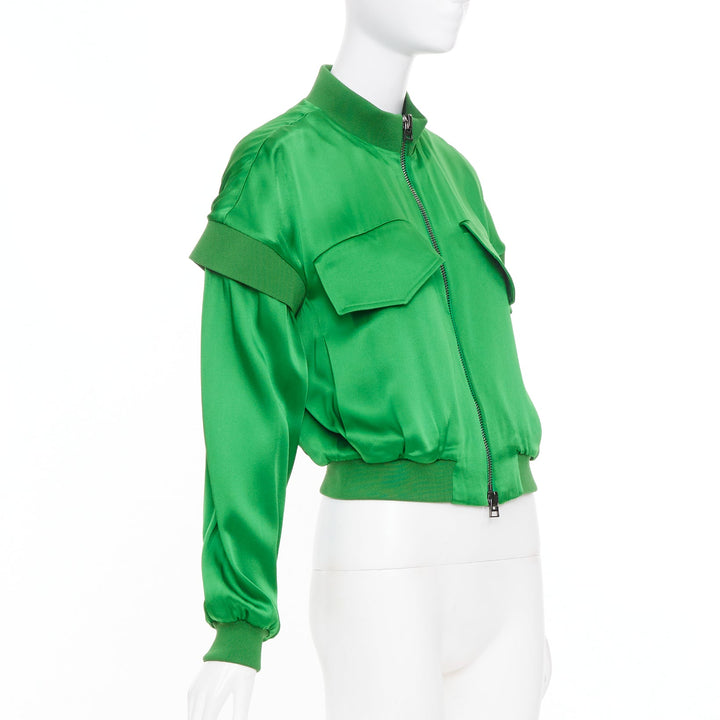 TOM FORD kelly green satin panel long sleeve zip up cropped bomber jacket FR36 S