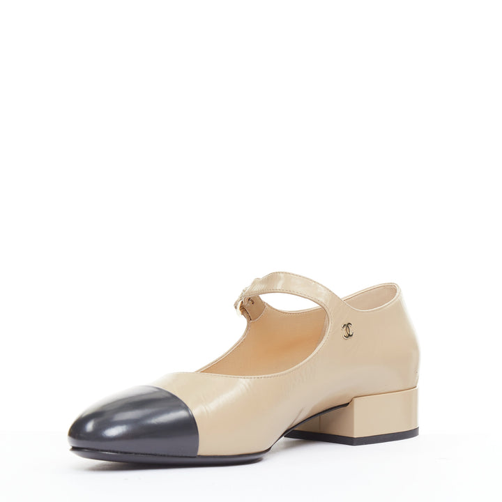 CHANEL 2024 beige leather black cap toe CC block heel mary jane flats EU39.5