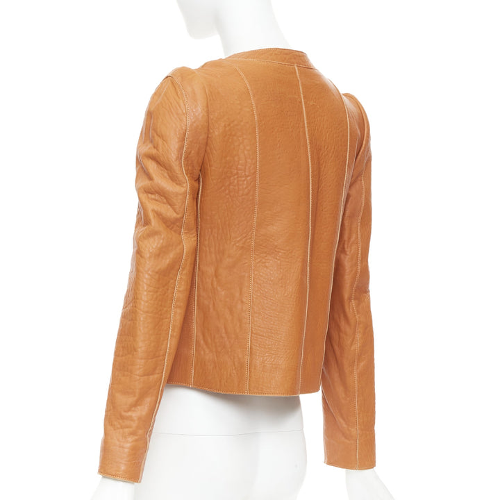 CARVEN 2011 tan brown pebble textured leather square neck crop jacket FR38 M