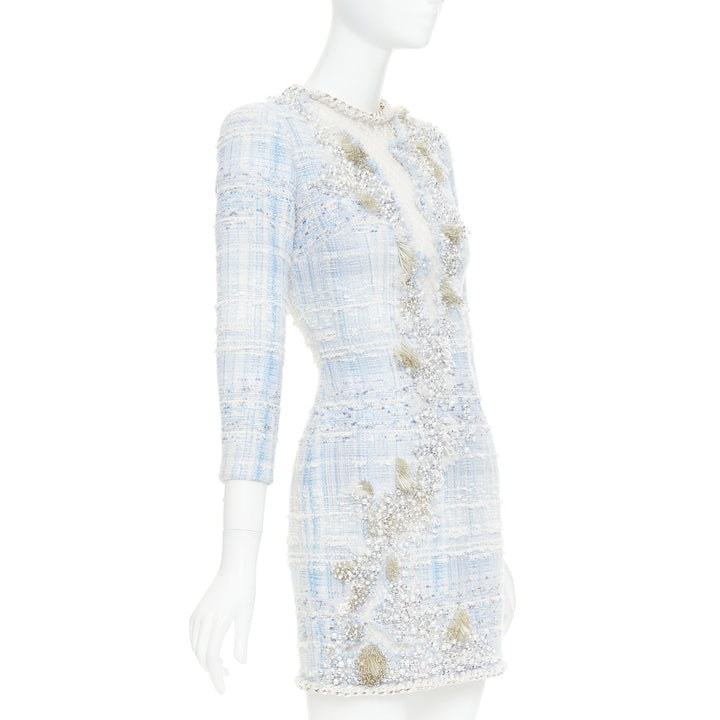 rare BALMAIN blue white tweed pearl bead embellished plunge mesh dress FR34 XS