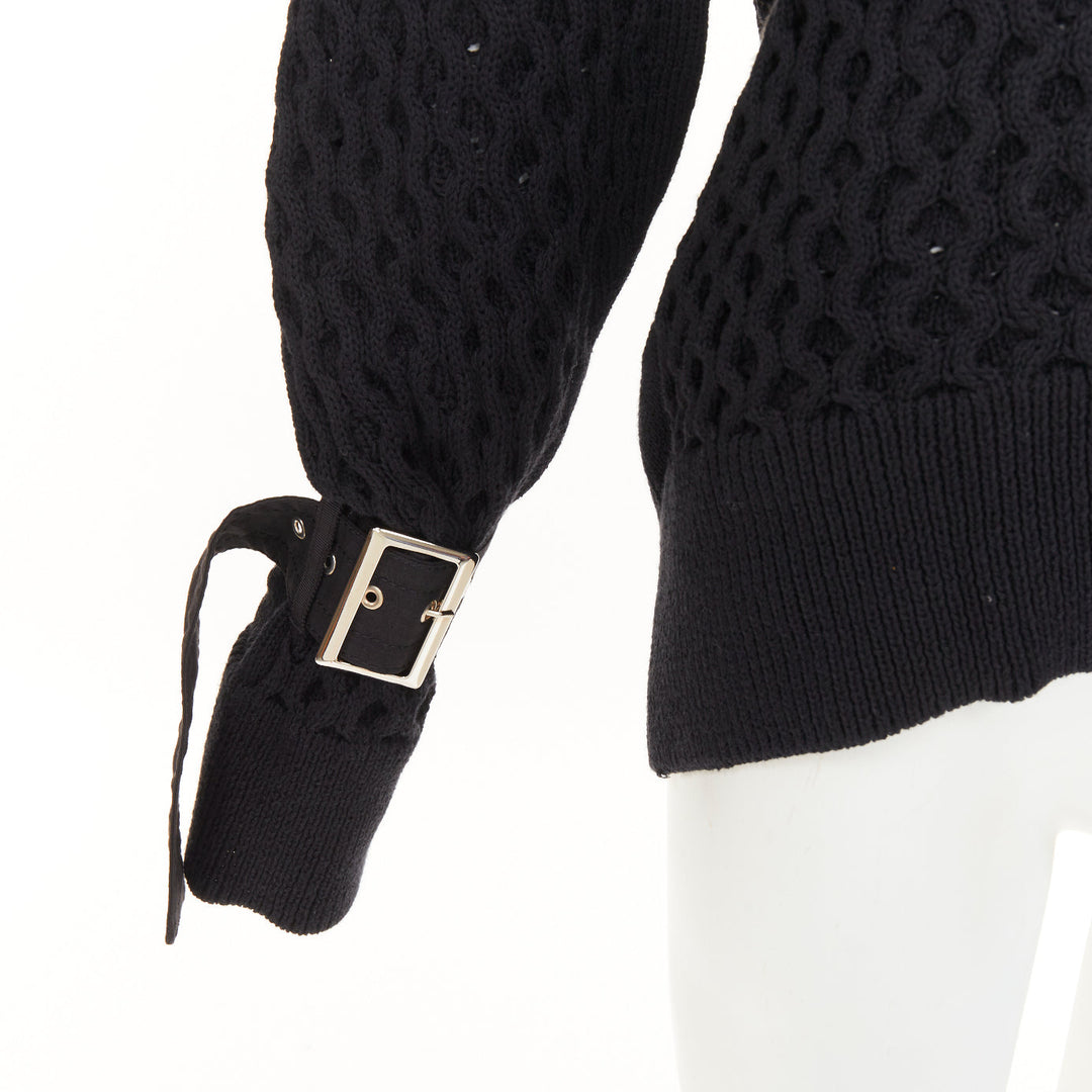 SACAI 2018 black open waffle knit buckle sleeve cotton blend sweater JP1 S