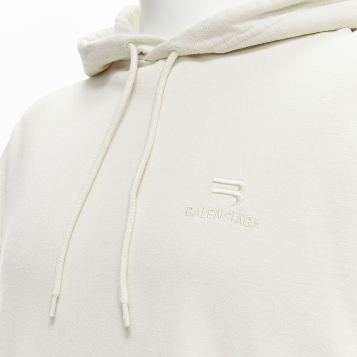 BALENCIAGA Demna 2021 ecru cotton logo embroidery oversized hoodie sweatshirt L