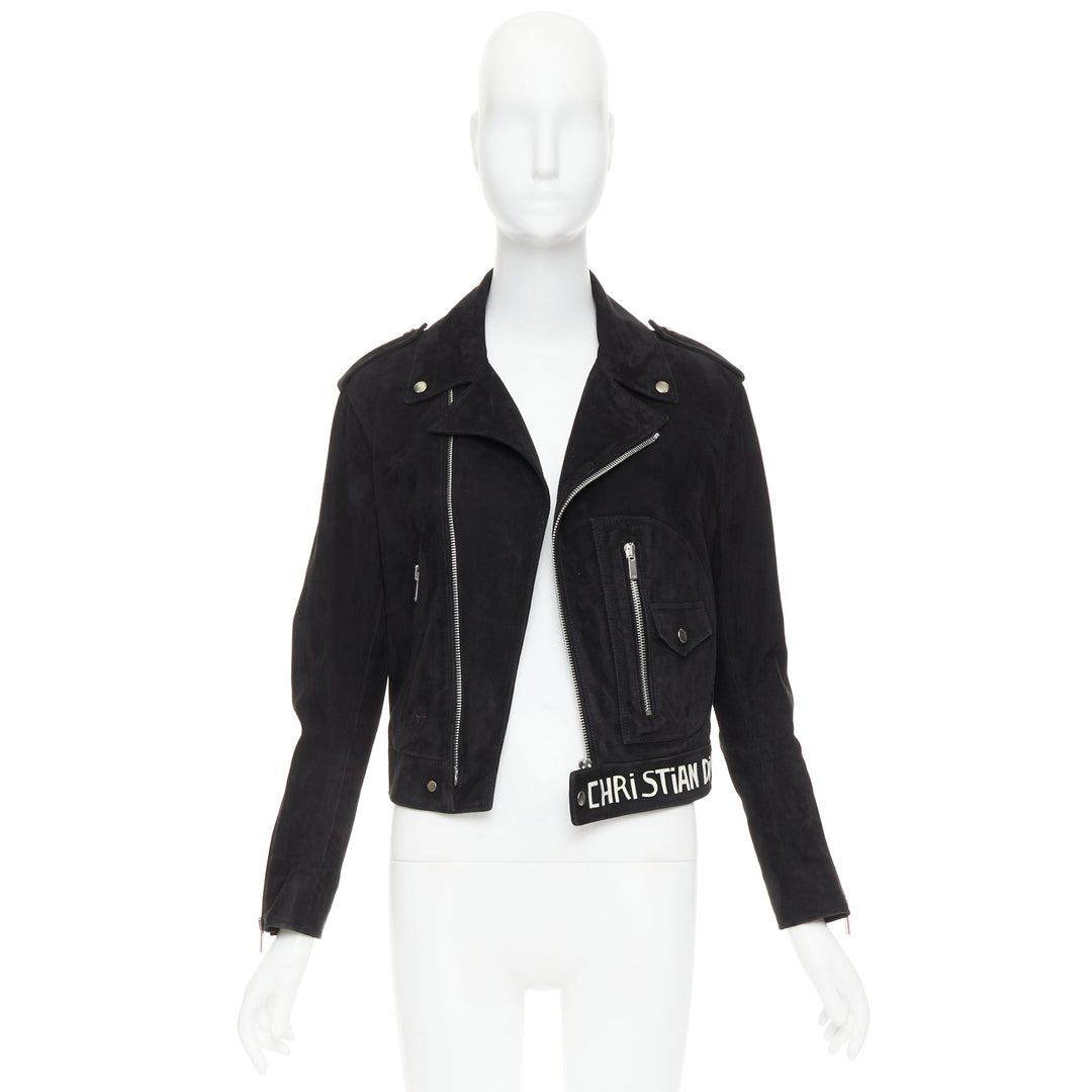 CHRISTIAN DIOR black suede lambskin leather patchwork biker jacket FR36 S