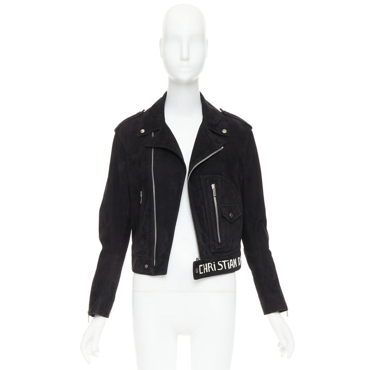 CHRISTIAN DIOR black suede lambskin leather patchwork biker jacket FR36 S