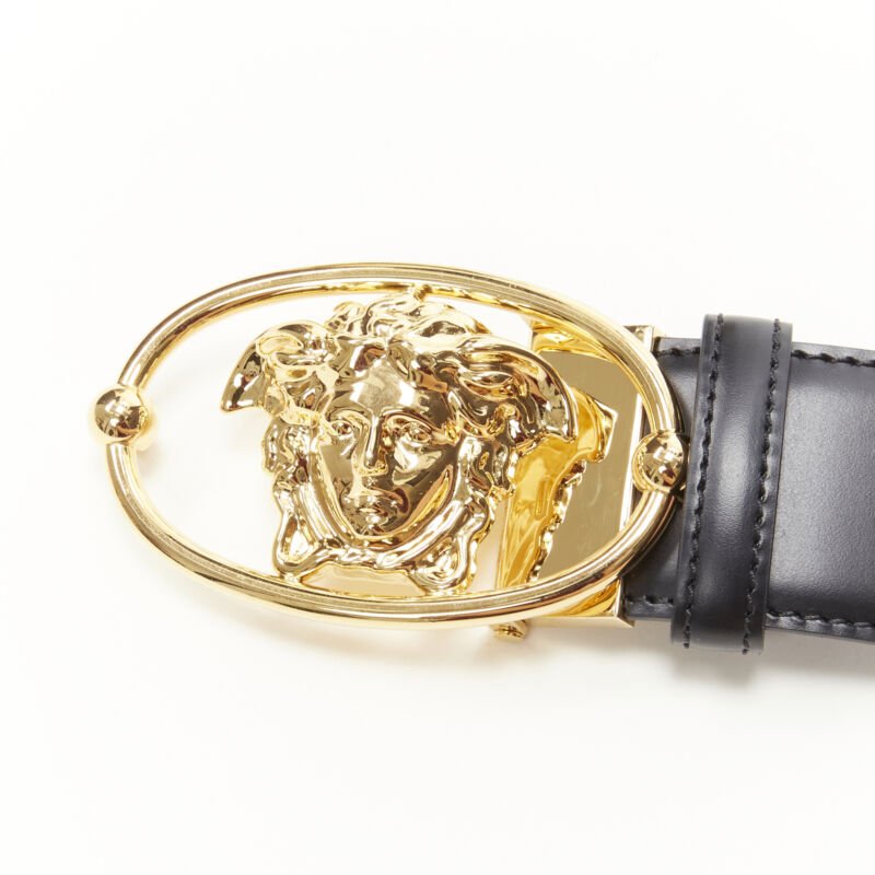 VERSACE La Medusa Insignia gold oval buckle black leather belt 110cm 42-46"