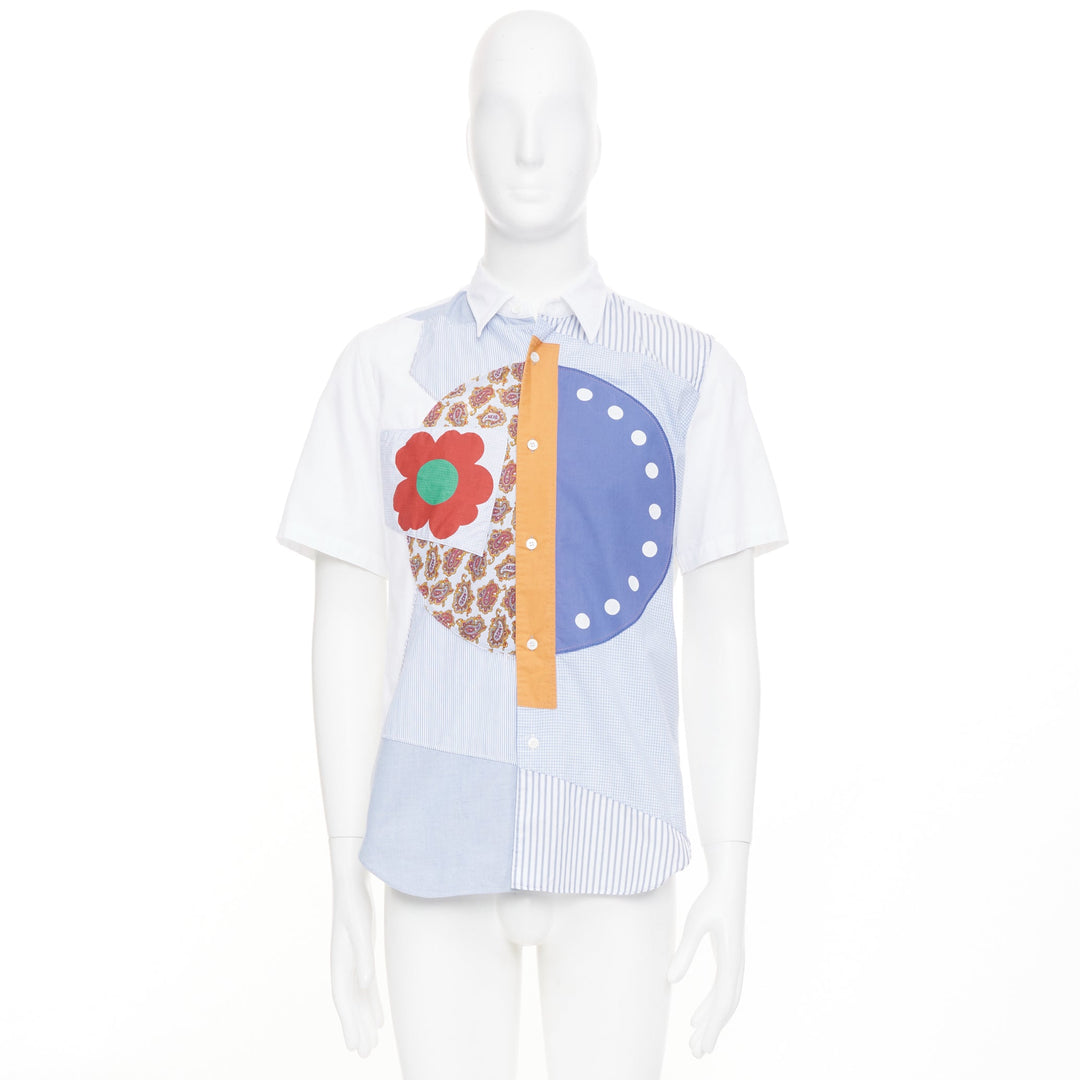 JUNYA WATANABE MAN blue checkered striped patchwork short sleeve button shirt M