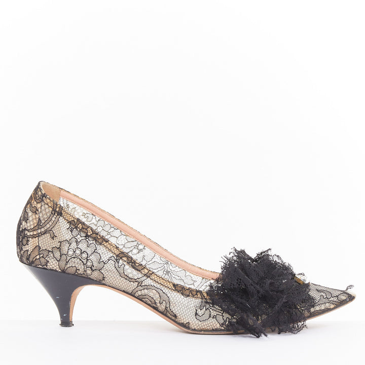 ROCHAS black floral lace mesh pom pom rosette point toe kitten heel pumps EU36