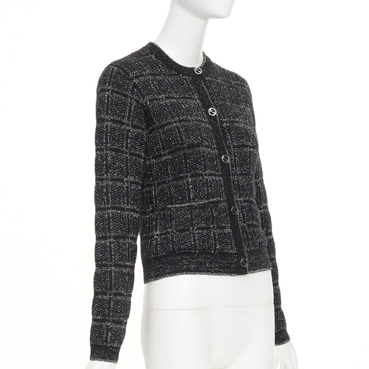 GUCCI 2025 black silver metallic checked Vintage GG buttons cardigan sweater XS