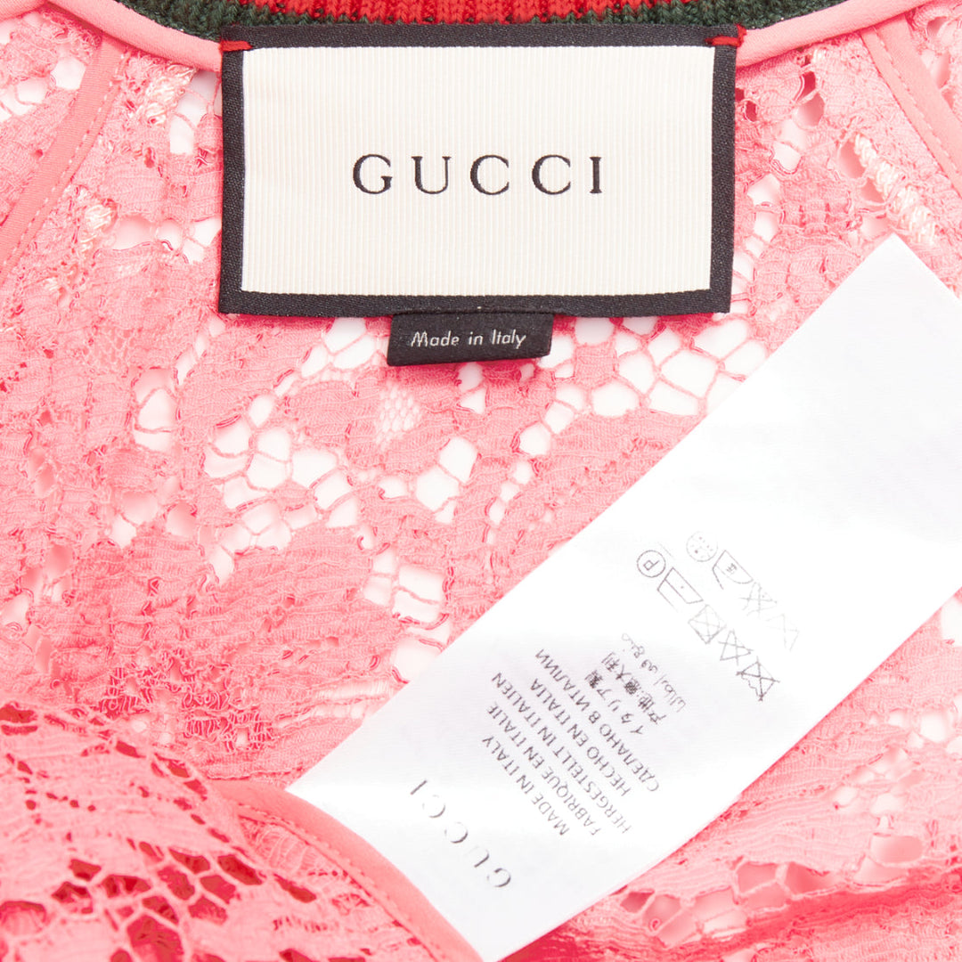 GUCCI 2015 Michele pink floral lace vintage web bomber jacket IT40 S