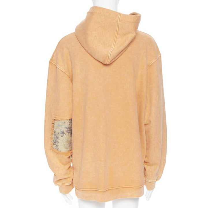 ALCHEMIST orange washed cotton tweed embroidered hood patchwork hoodie L