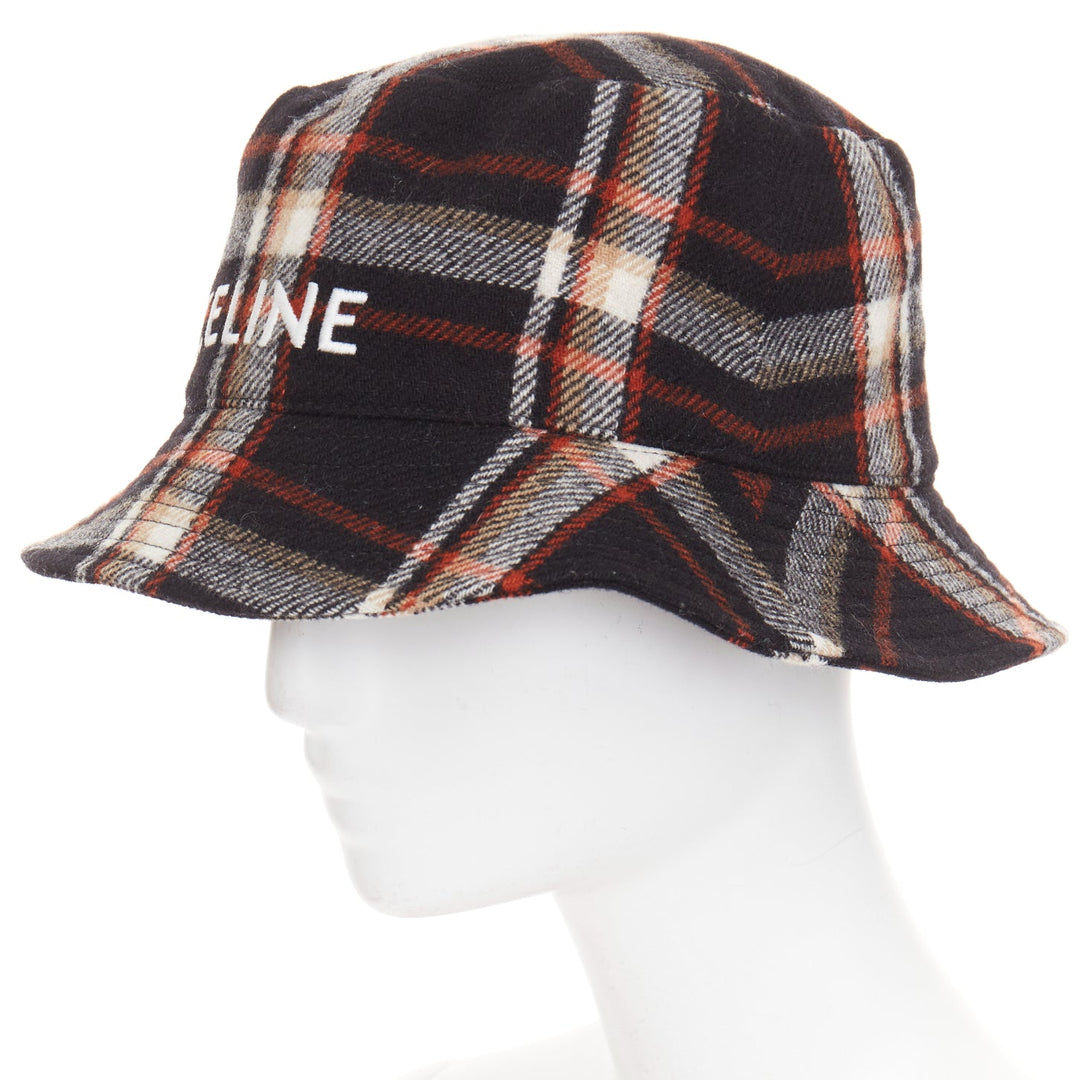 CELINE 2021 Runway Plaid Woven Bucket Hat black red wool logo cap M