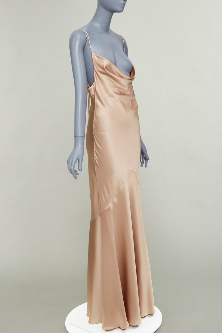 SAINT LAURENT 2023 rose bronze silk satin draped cowl slip dress gown FR40 L