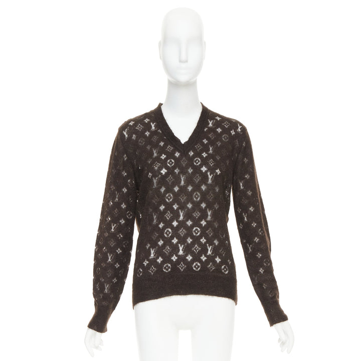 LOUIS VUITTON brown mohair blend LV logo monogram sheer knit sweater XS