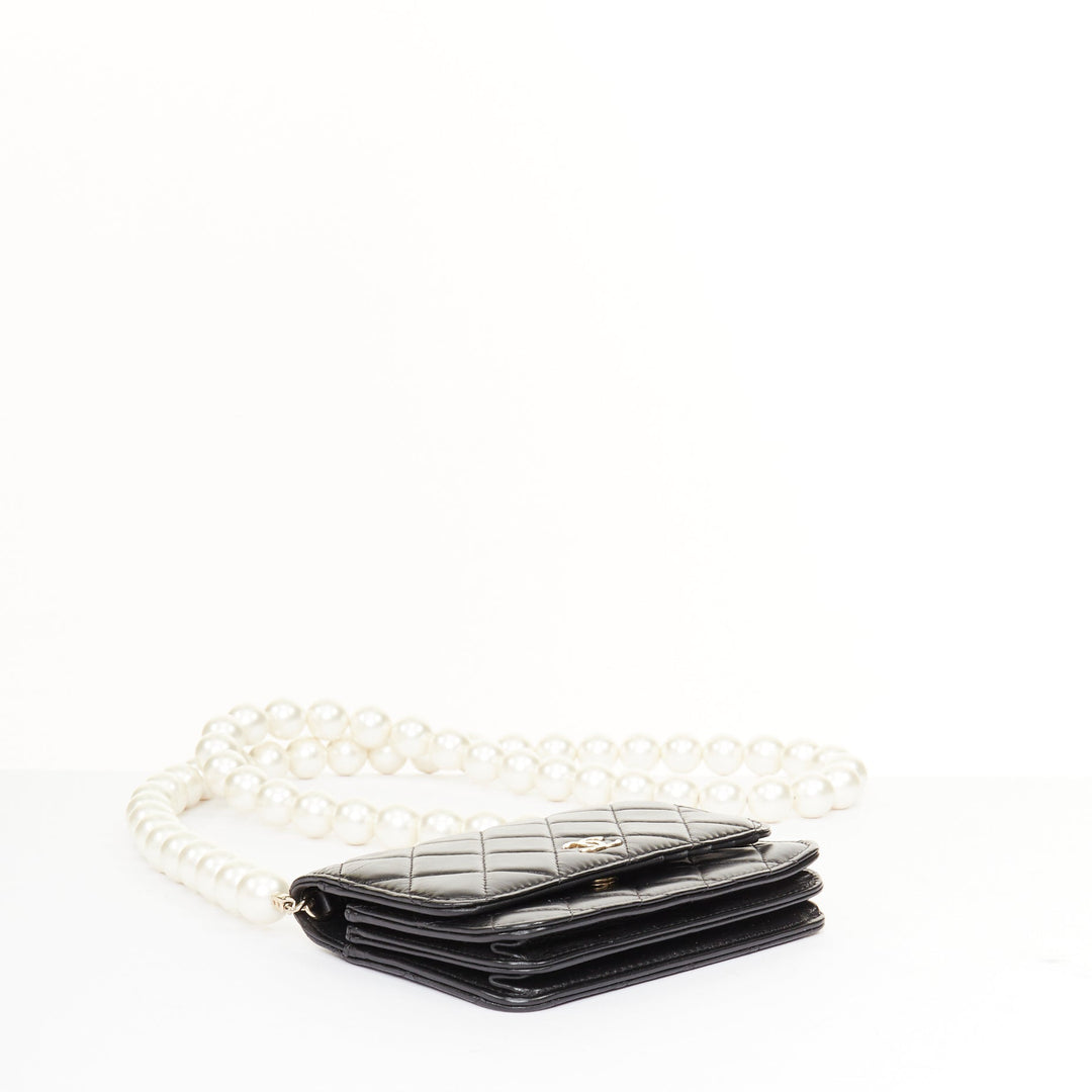 CHANEL 2020 Maxi Pearls black quilted lambskin gold hardware wallet on chain bag